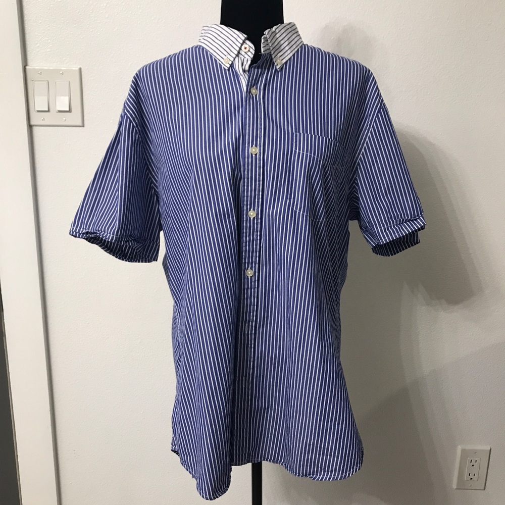 Stafford Prep Navy & White Striped Short Sleeve Button Down Size XL 100% Cotton
